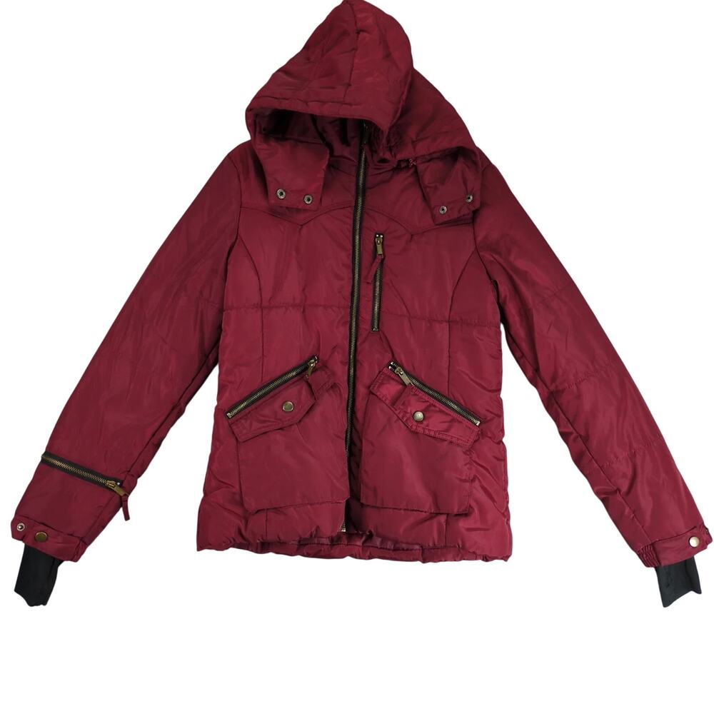 Rampage Merlot Puffer Coat Women's M Hooded Full Zip Pockets Thumb Holes Winter